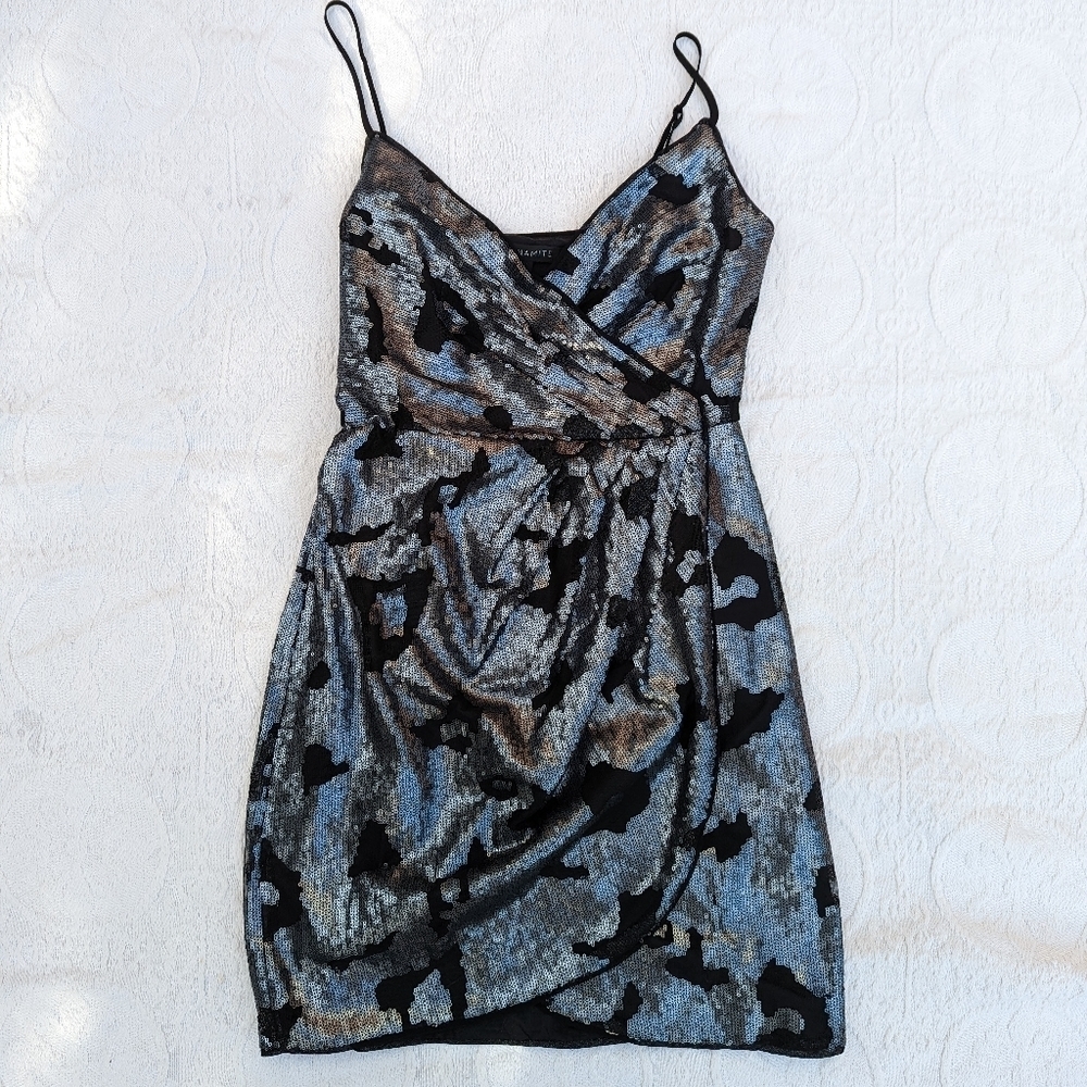Dynamite Silver and Black Shimmer Wrap Mini Dress